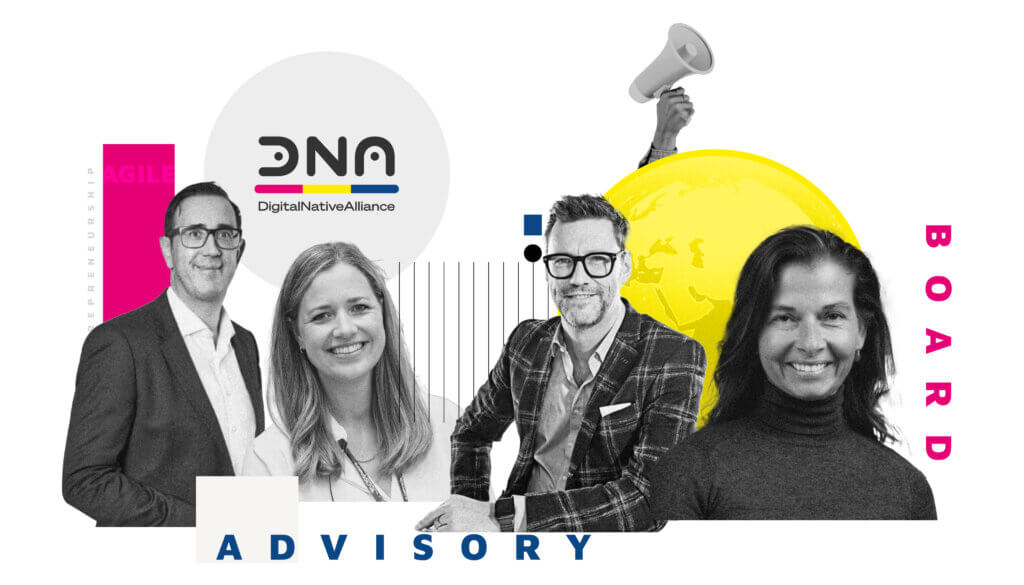 Collage Advisory Board, Vier Personen in Graustufen mit DNA Design